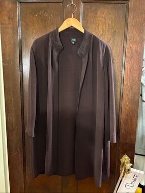 Eileen Fisher Long Open-Front Jacket in Plum Brown